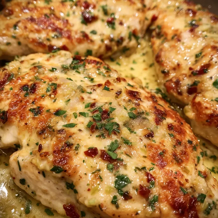 Baking dish of creamy golden chicken fresh from oven