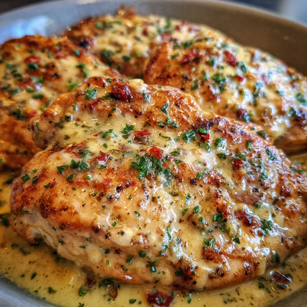 Close-up of creamy baked chicken with herbs