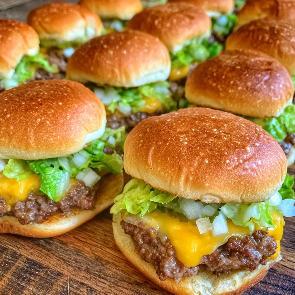 Mini Big Mac cheeseburgers stacked on a platter