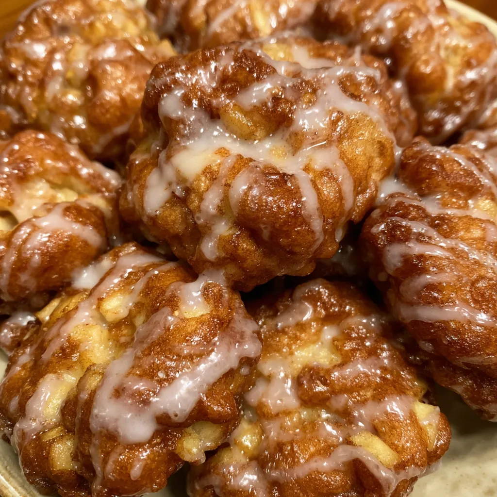 Close-up of fritter showing golden crust and tender apple filling.