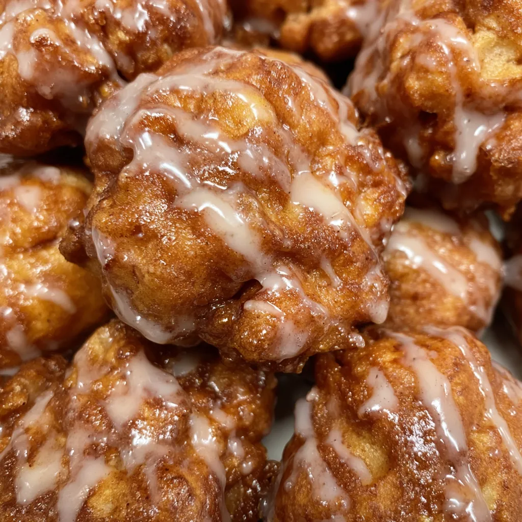 Hand holding glazed fritter with a bite showing apple chunks inside.