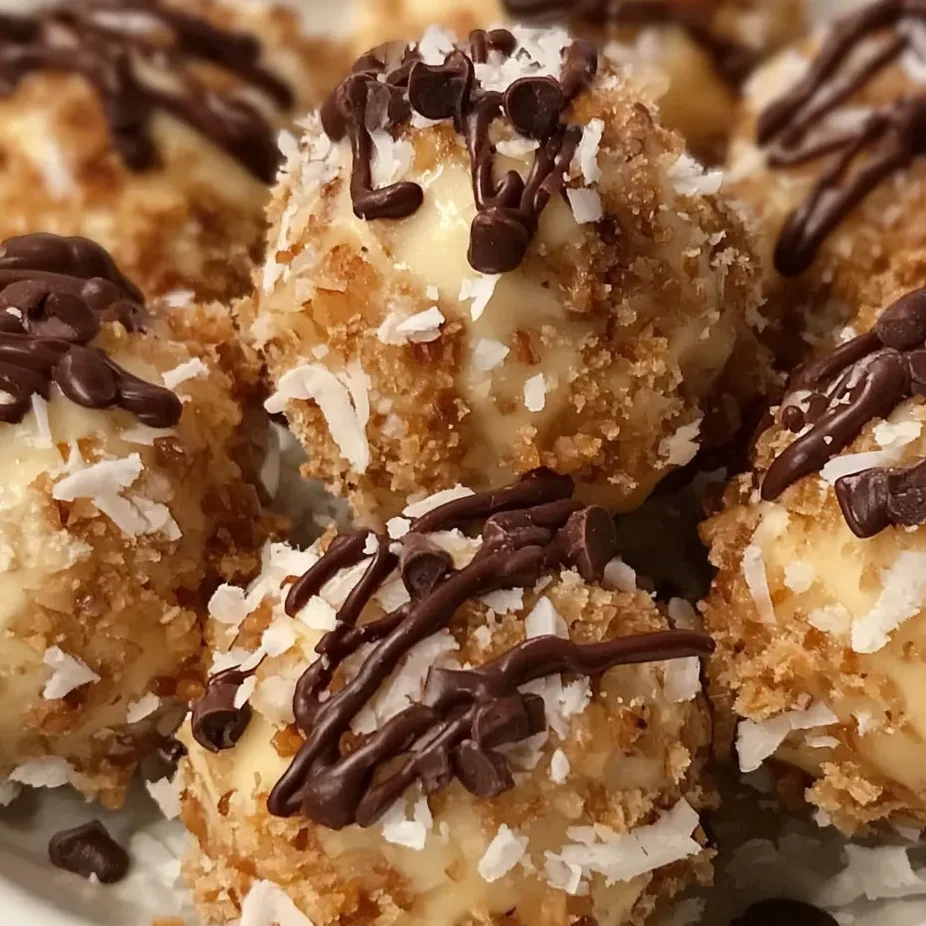 Close-up of no-bake dessert balls coated in chocolate and coconut flakes.