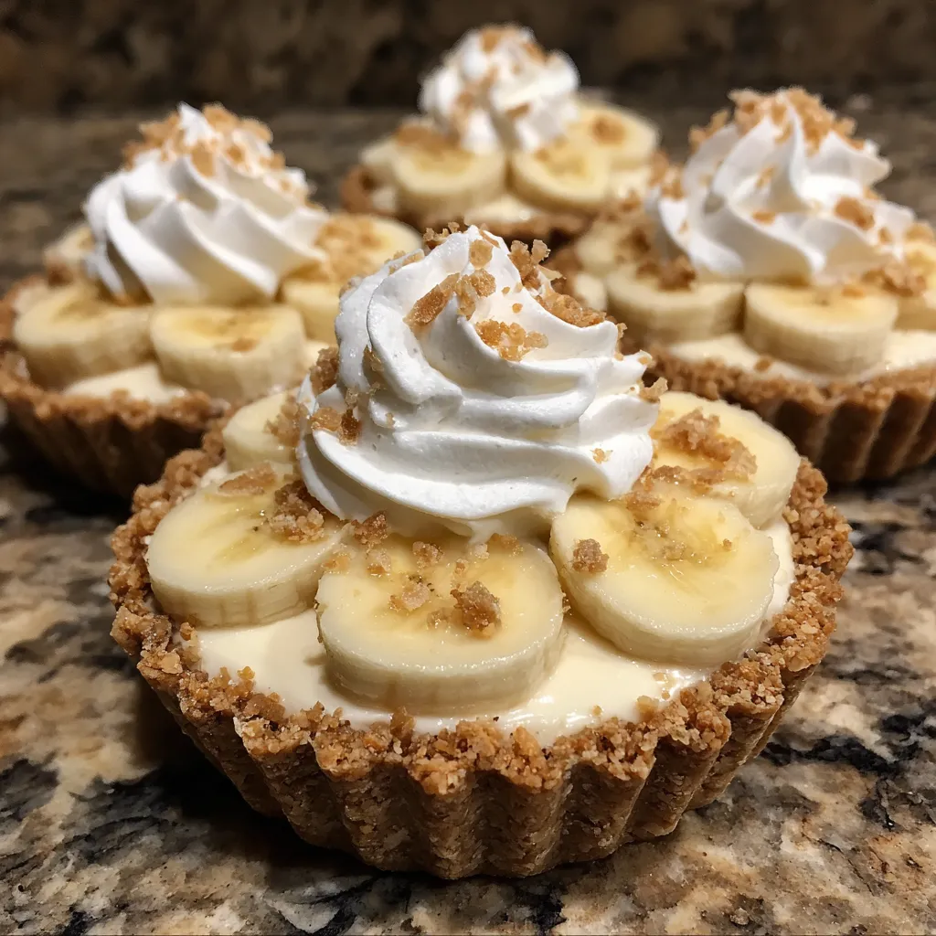 Tray of no-bake mini pies with banana slices and wafers on top.