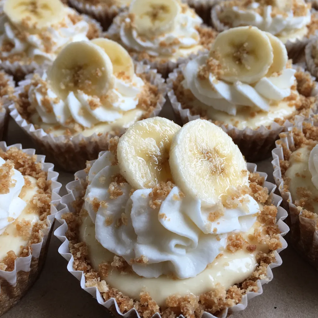 Spoon lifting a mini banana cream pie showing its smooth, fluffy texture.