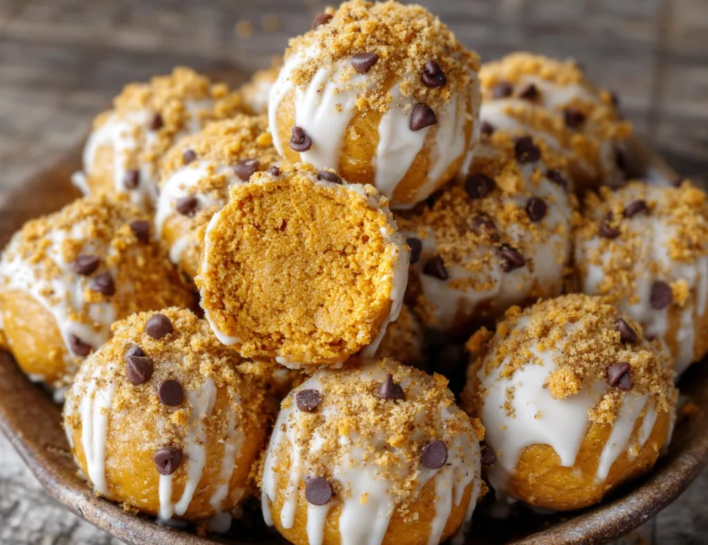 Close-up of cheesecake ball with pumpkin filling inside white chocolate shell.