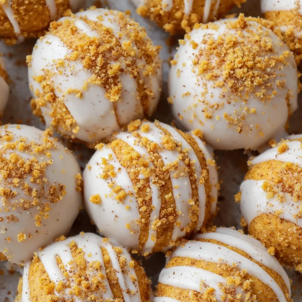 Pumpkin cheesecake balls coated in white chocolate with graham crumb topping.