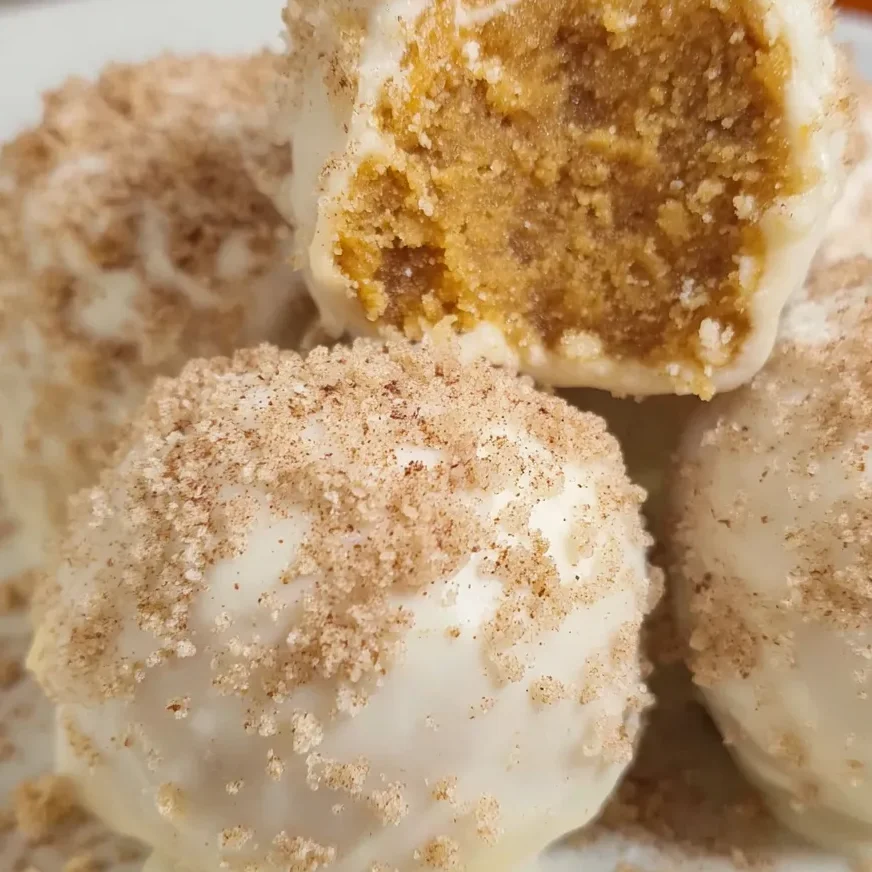 Hand holding pumpkin pie ball with white chocolate drizzle.