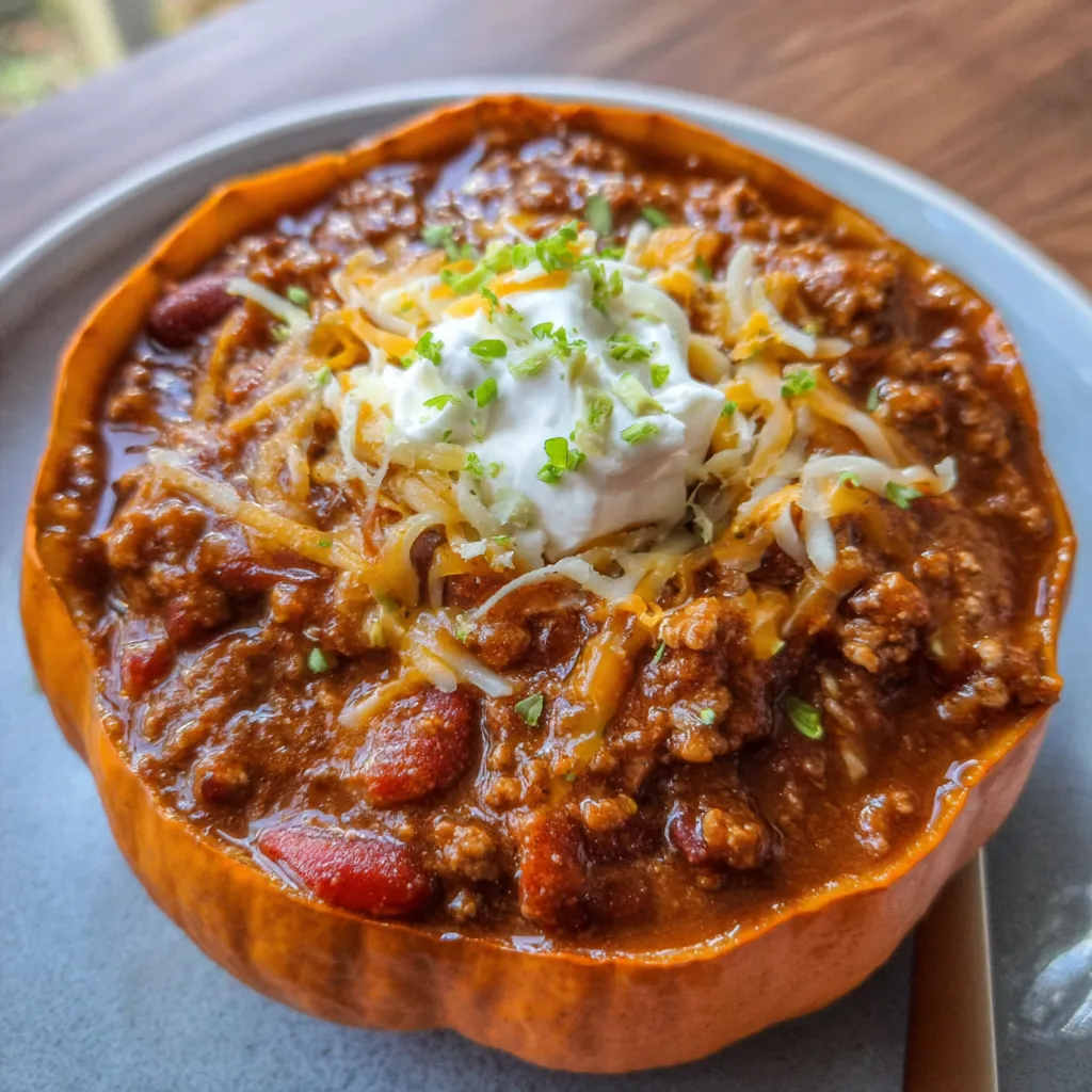 Pot of pumpkin chili simmering on the stove with a wooden spoon.
