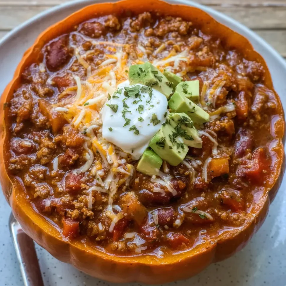 Bowl of pumpkin chili topped with avocado, cilantro, and sour cream.