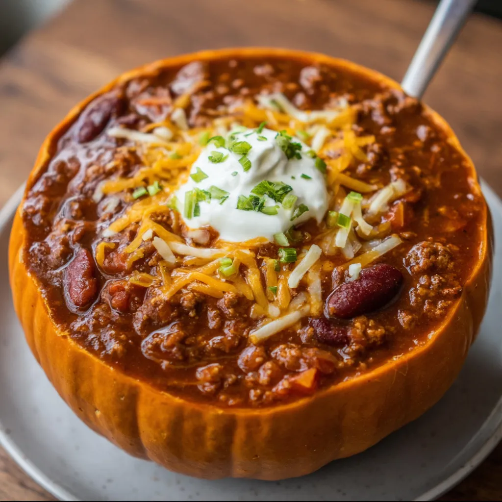 Close-up of chili showing beans, pumpkin, and spices simmered together.