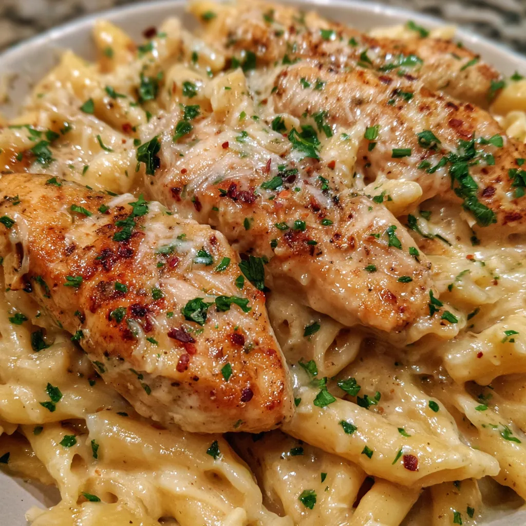 Plate of pasta with creamy garlic sauce and shredded chicken.