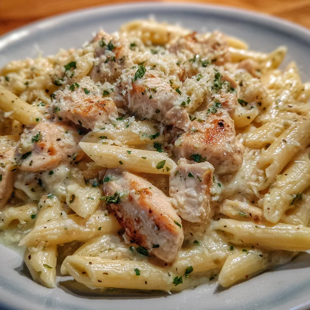 Bowl of creamy parmesan chicken pasta topped with fresh parsley.