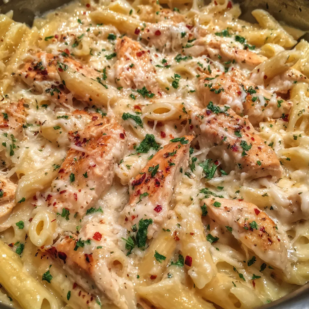 Slow cooker filled with creamy chicken pasta ready to serve.