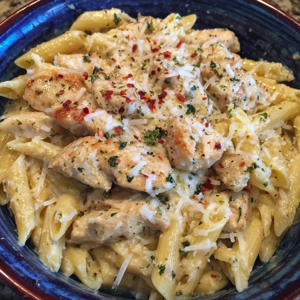 Plate of parmesan pasta with herbs and a sprinkle of cheese.
