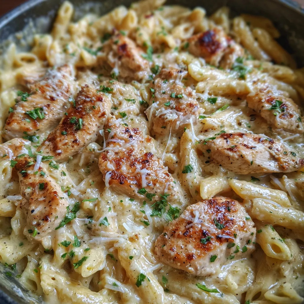 Close-up of creamy pasta coated in parmesan sauce and herbs.