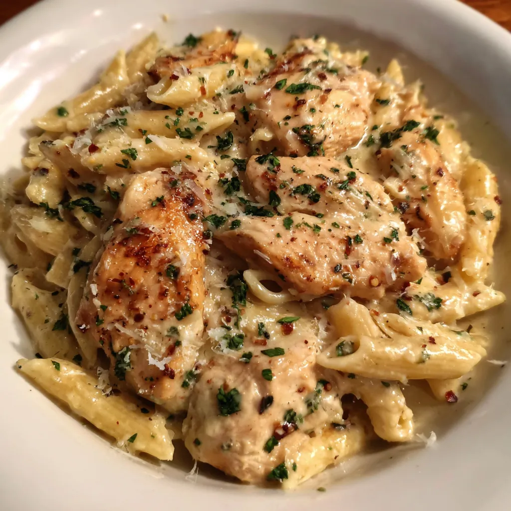 Slow cooker filled with creamy pasta and shredded chicken ready to serve.