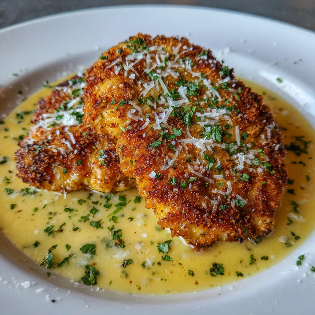 Parmesan crusted chicken topped with creamy garlic sauce