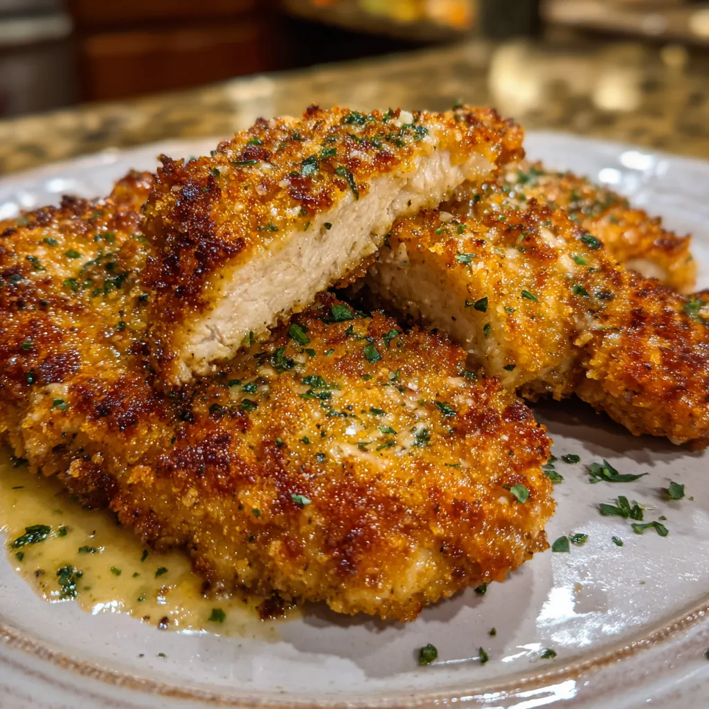 Skillet of Parmesan crusted chicken garnished with herbs