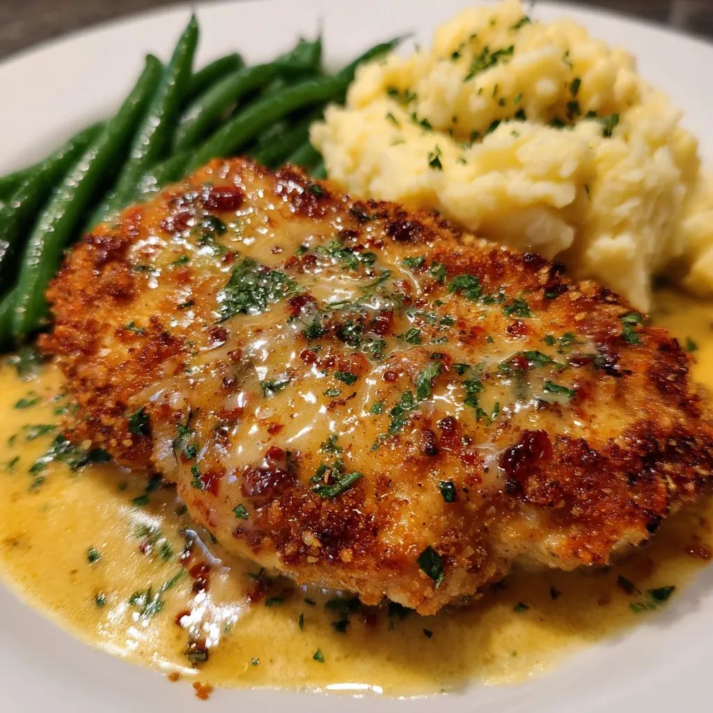 Chicken plated with creamy sauce and parsley garnish