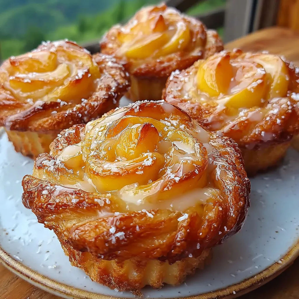 Golden peach pie cruffins dusted with powdered sugar on a cooling rack.