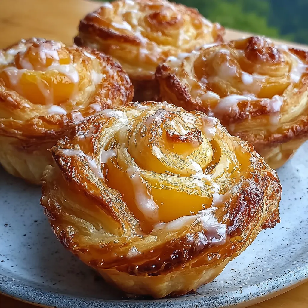 Close-up of peach cruffin showing layers of puff pastry and juicy peach filling.