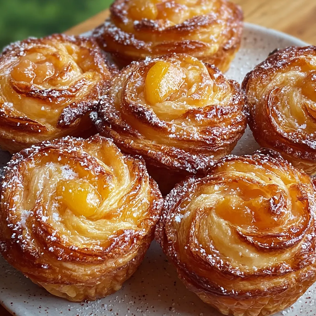 Hand holding a peach cruffin with peach filling oozing out.