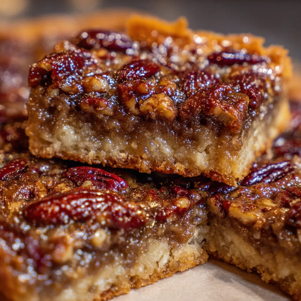 Close-up of pecan pie bar showing gooey filling and crisp shortbread base.
