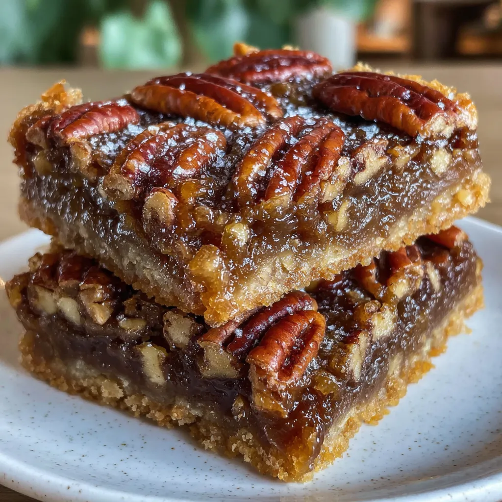 Platter of pecan pie bars surrounded by pecans and fall decorations.