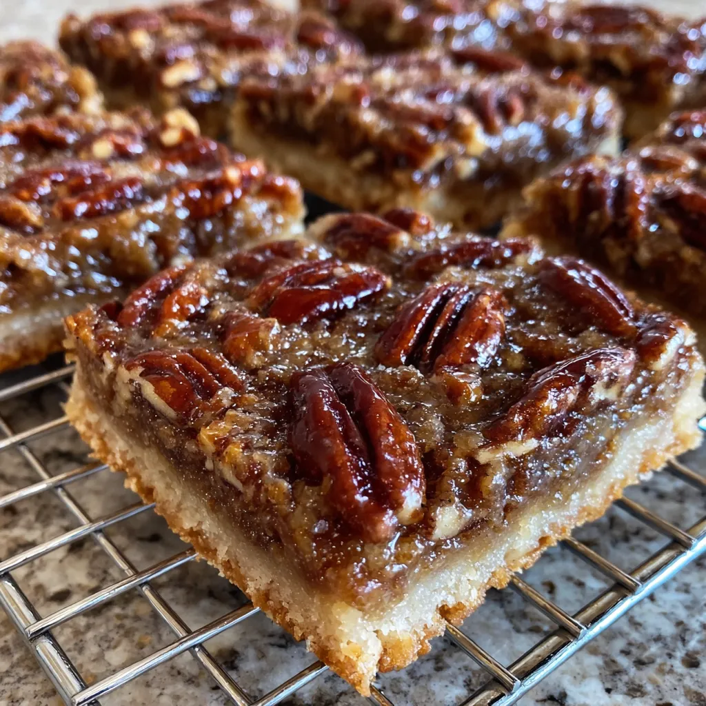 Stack of pecan pie bars with pecans scattered nearby.