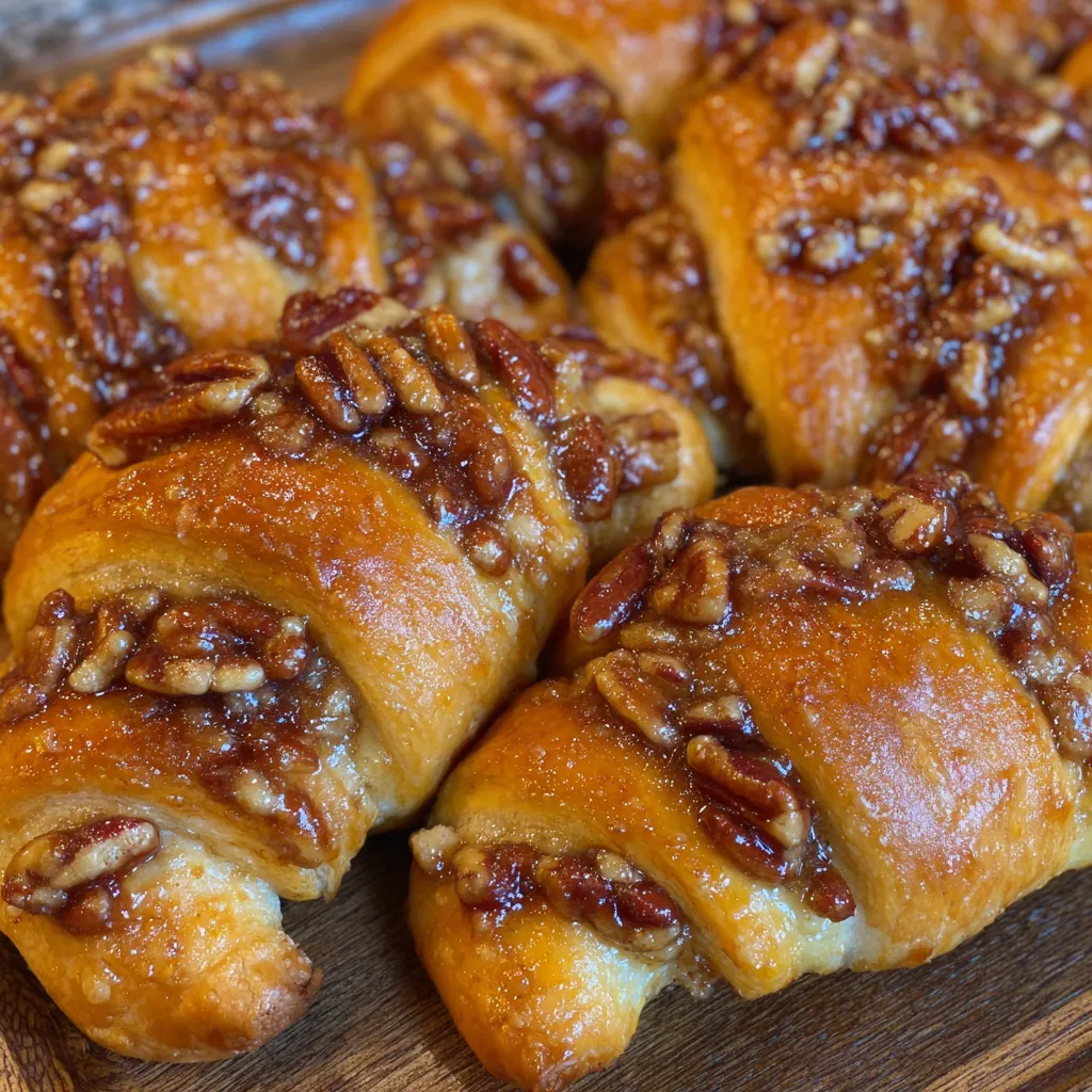 Close-up of flaky crescent roll showing caramelized pecan filling inside.