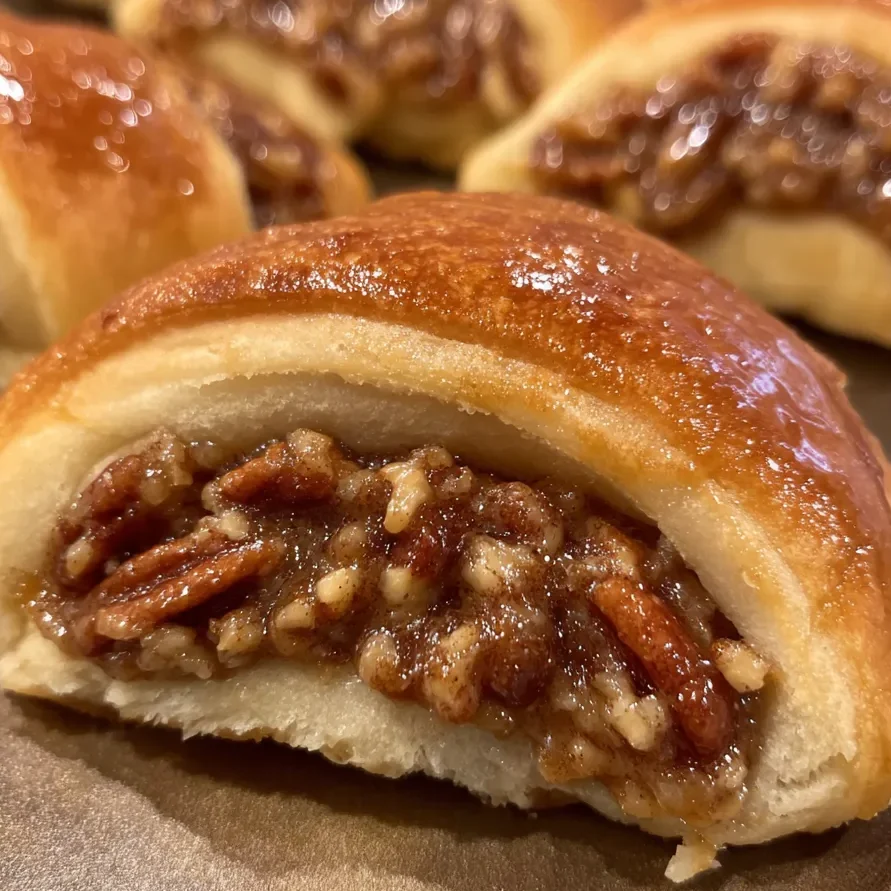 Stack of golden rolls dusted with powdered sugar and pecans scattered around.