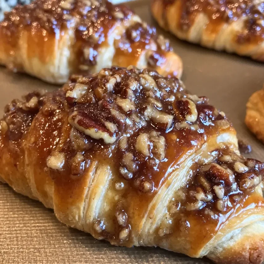 Plate of pecan crescent rolls with caramel drizzle and chopped nuts on top.