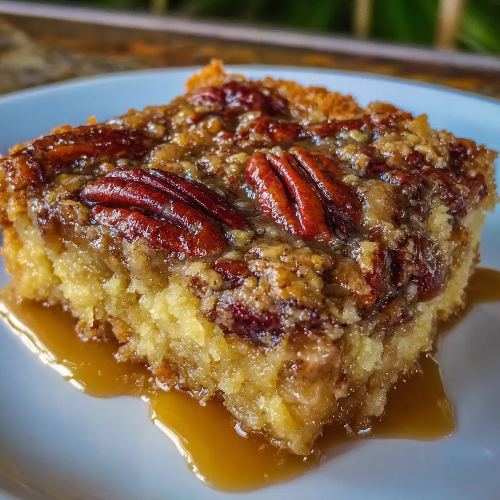 Close-up of the gooey pecan and caramel filling with golden cake topping.