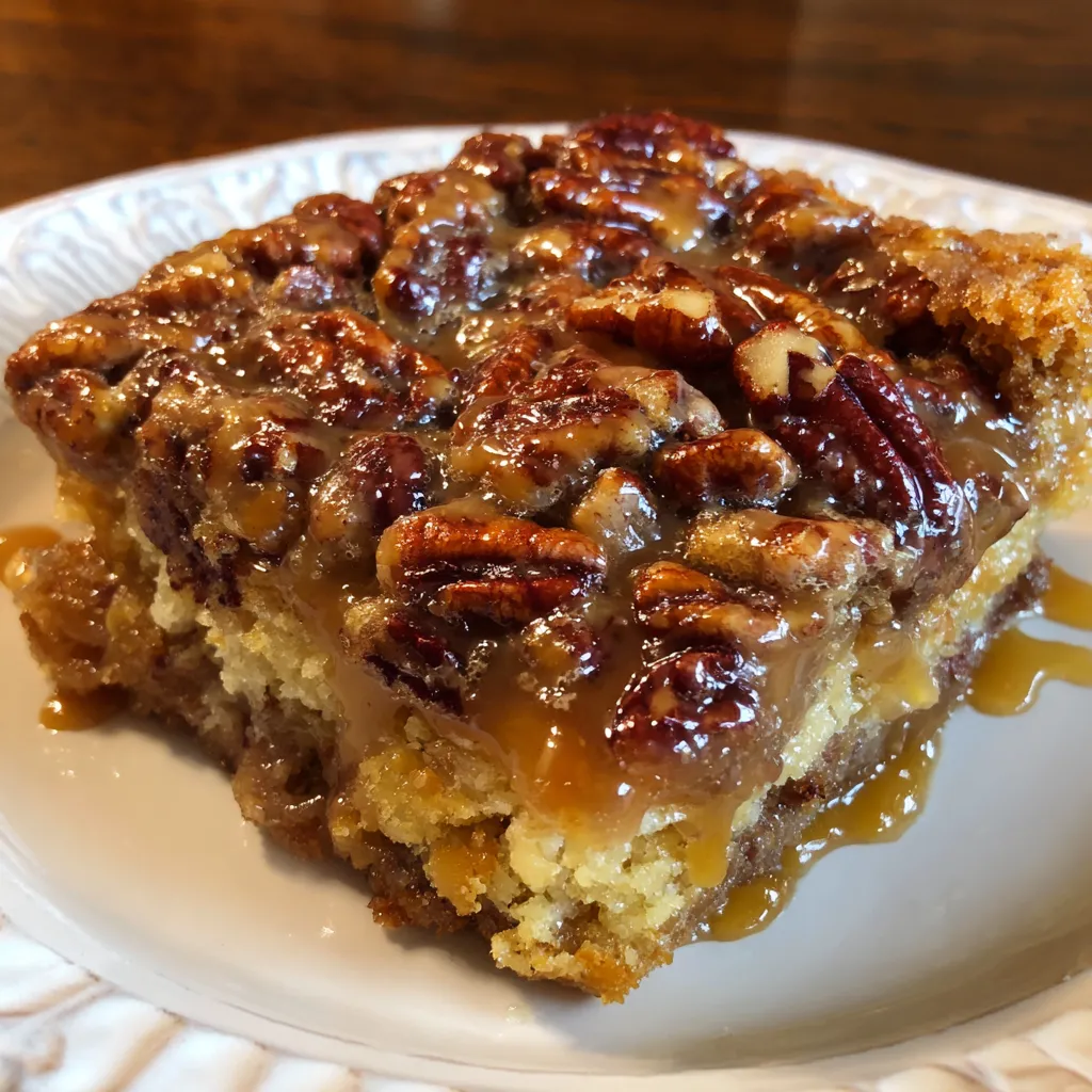 Baking dish filled with golden-brown pecan dump cake cooling on a rack.