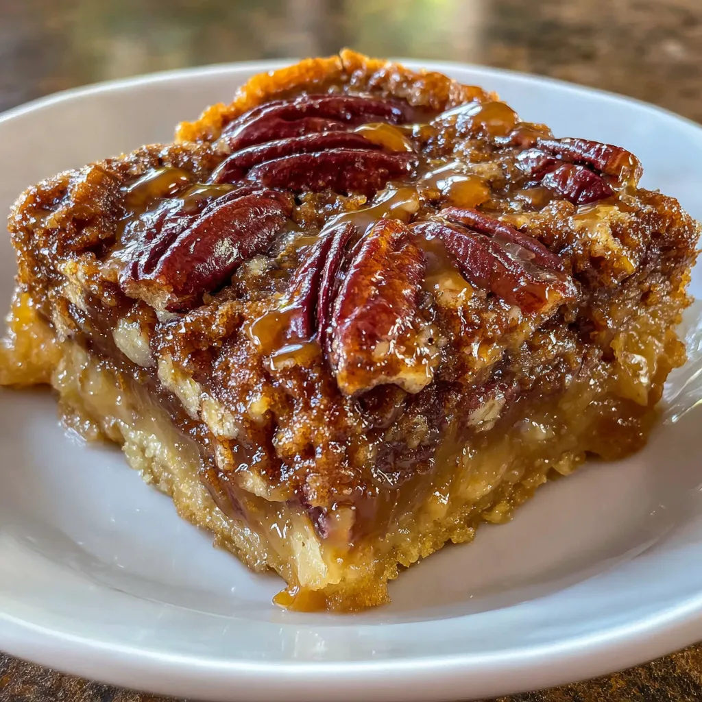 Sliced portion of pecan dump cake being lifted with a spatula.