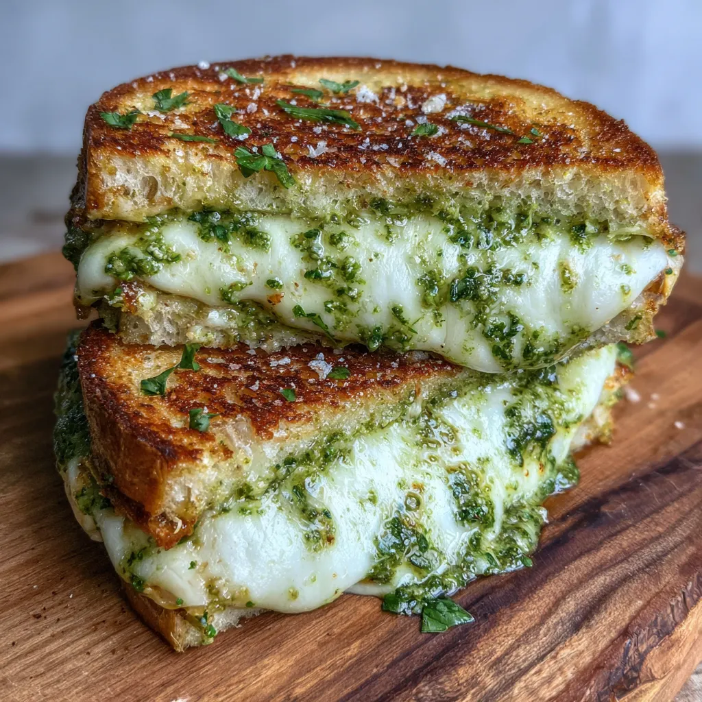 Stack of golden pesto grilled cheese sandwiches with melted mozzarella oozing out.