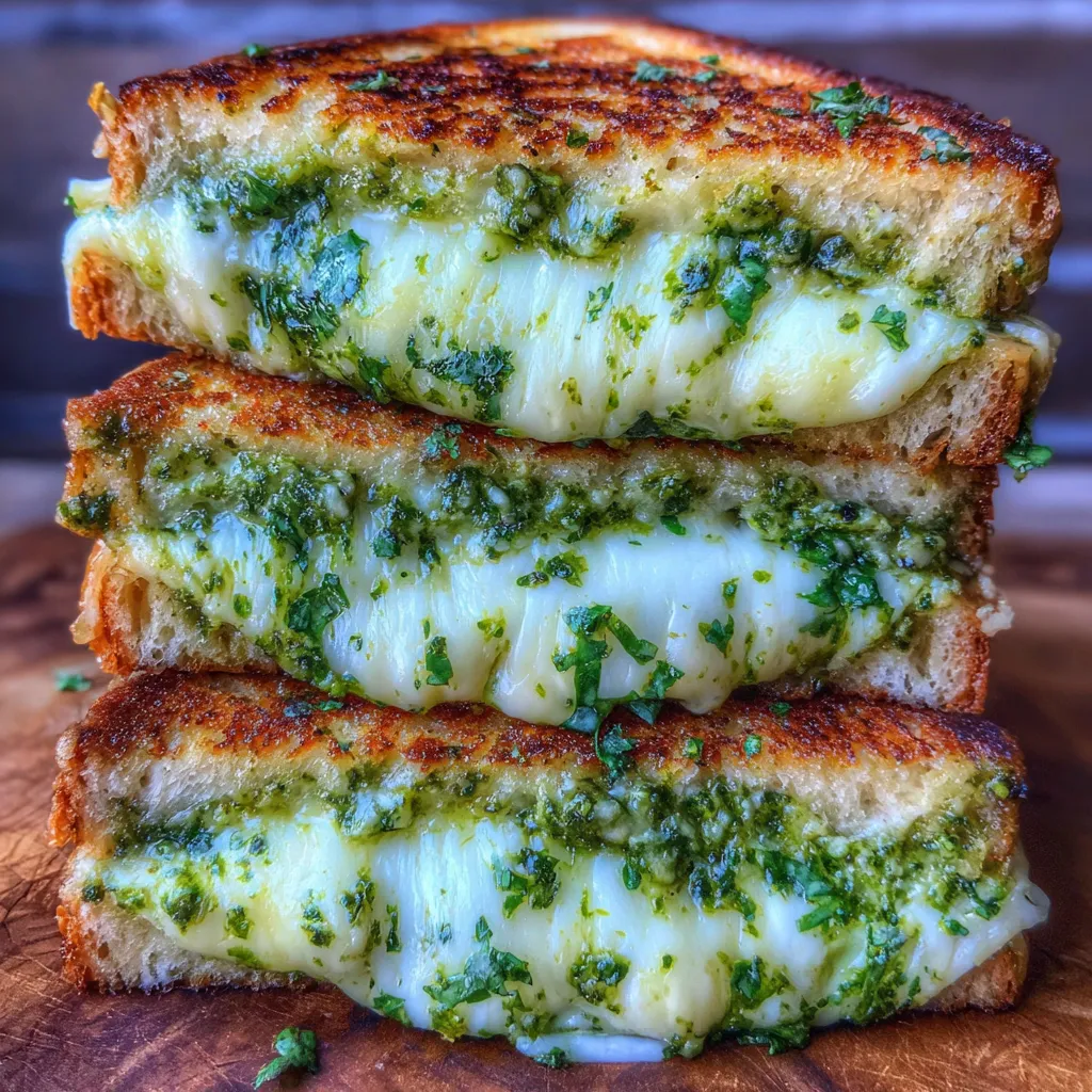 Close-up of sandwich cross-section showing layers of cheese and pesto.