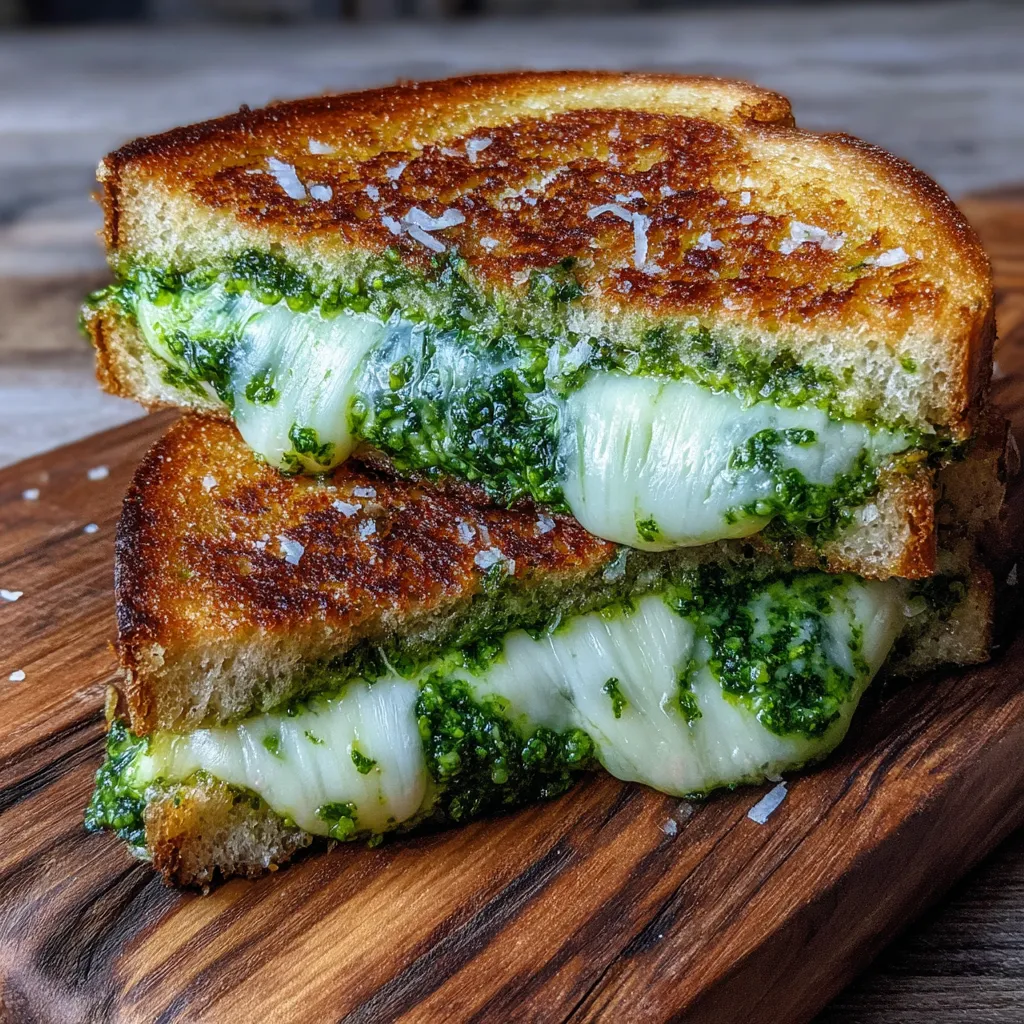 Hand pulling apart gooey pesto grilled cheese with melted cheese stretch.