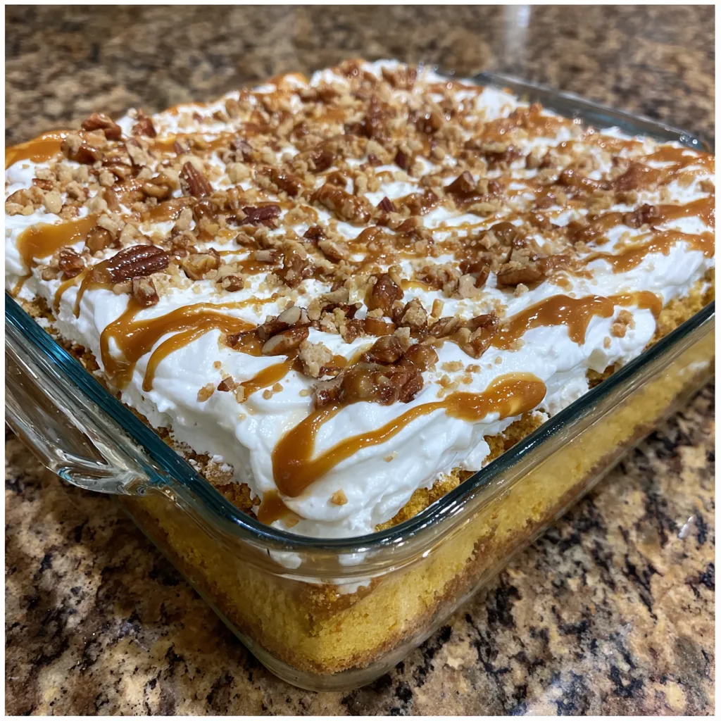 Baking dish of pumpkin poke cake covered in caramel and Heath bits.