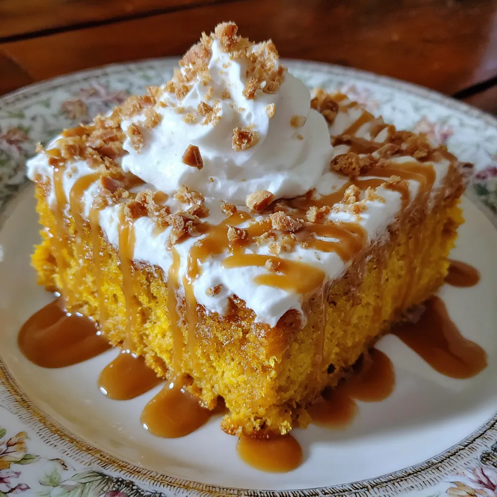 Slice of pumpkin better than sex cake topped with caramel and toffee bits.