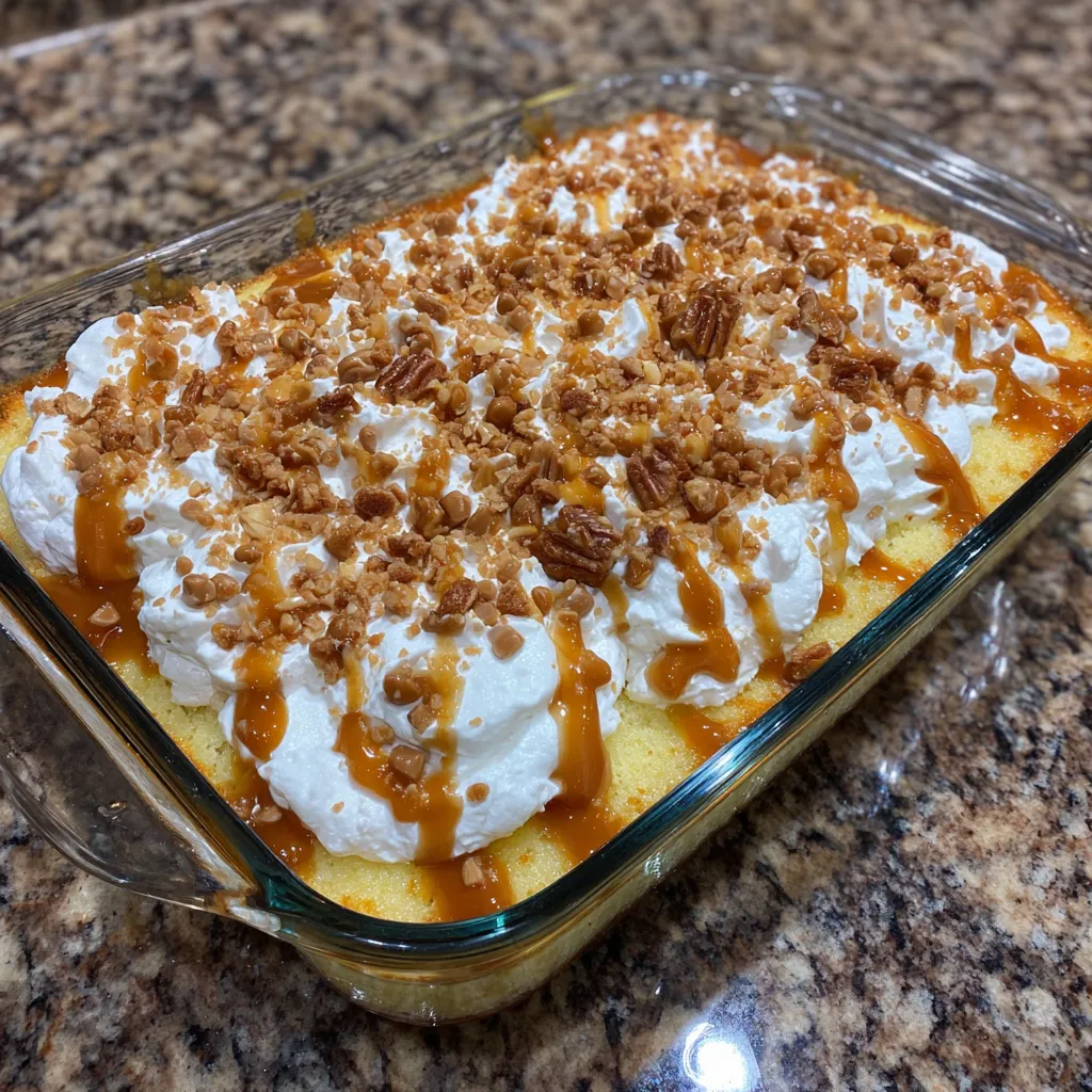 Fork cutting into creamy pumpkin cake slice with caramel glaze.
