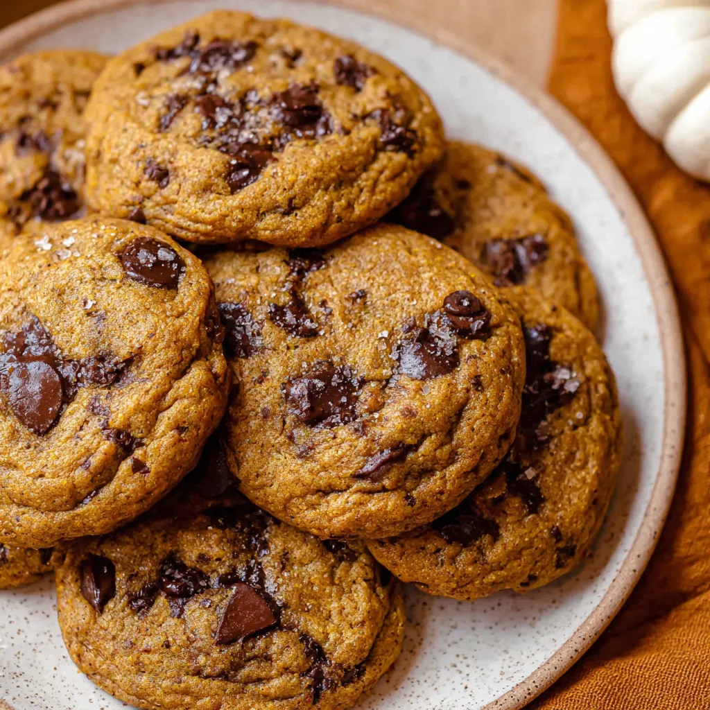 Pumpkin chocolate chip cookies stacked on a plate with melty chocolate chips showing.
