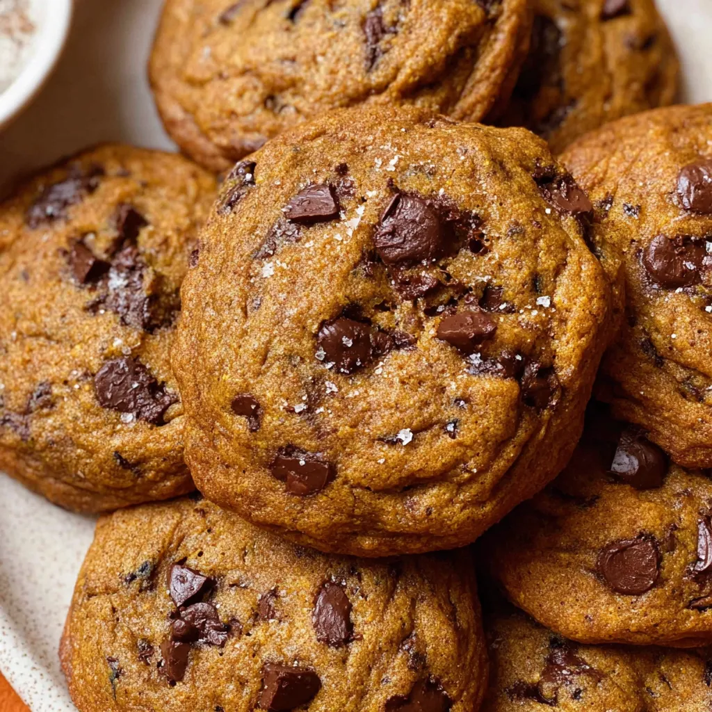 Baking tray of pumpkin chocolate chip cookies cooling on parchment paper.