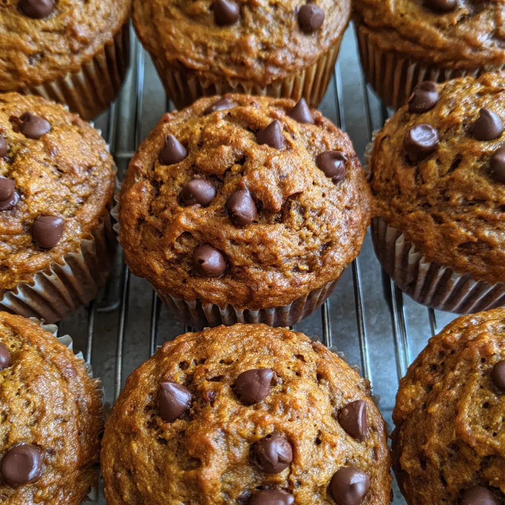 Stack of pumpkin muffins with chocolate chips on top