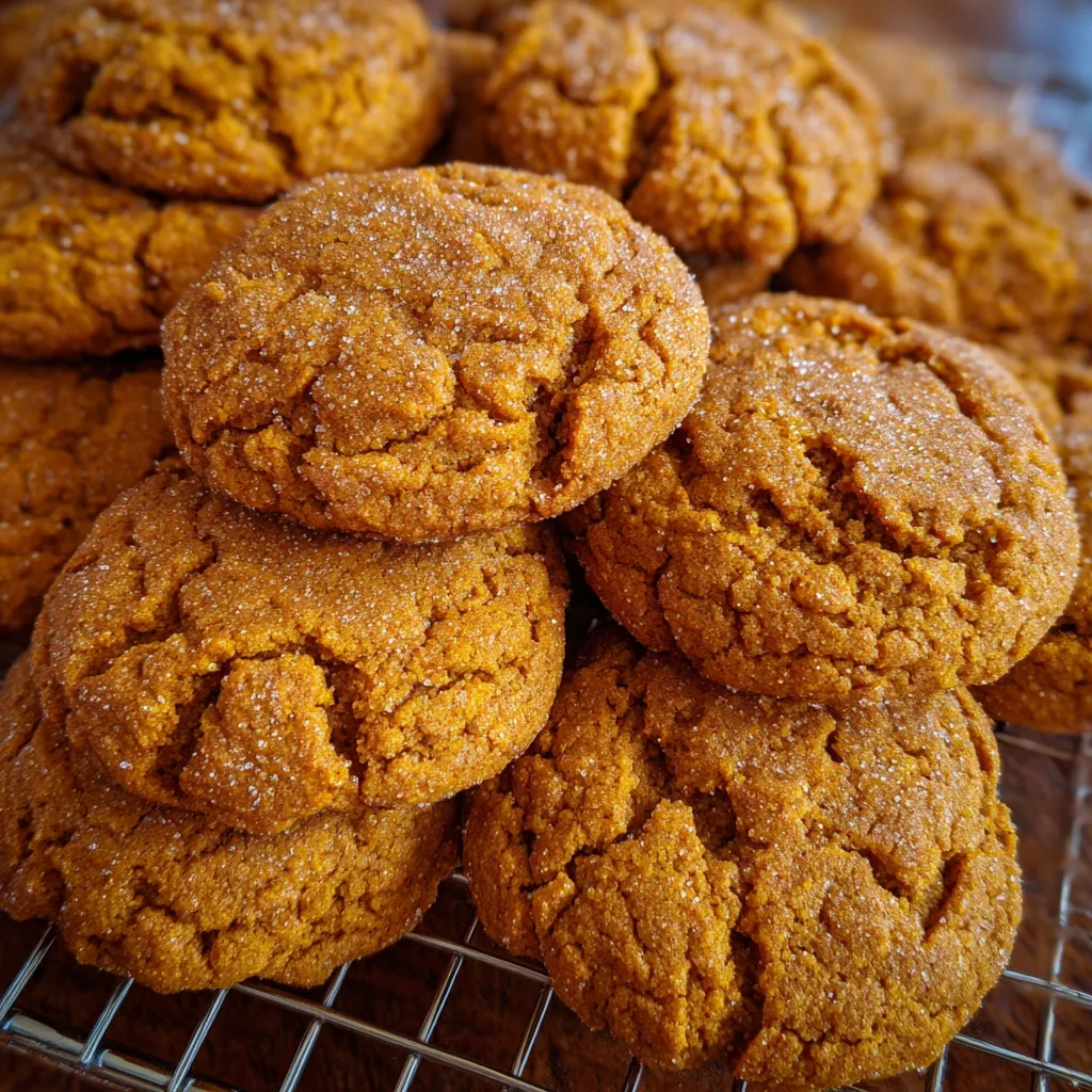 Chewy pumpkin cookies stacked on a plate with a sprinkle of cinnamon.