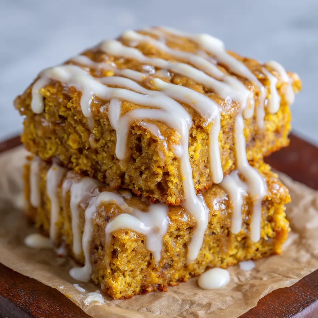 Pumpkin maple blondies cut into squares with maple glaze drizzle.