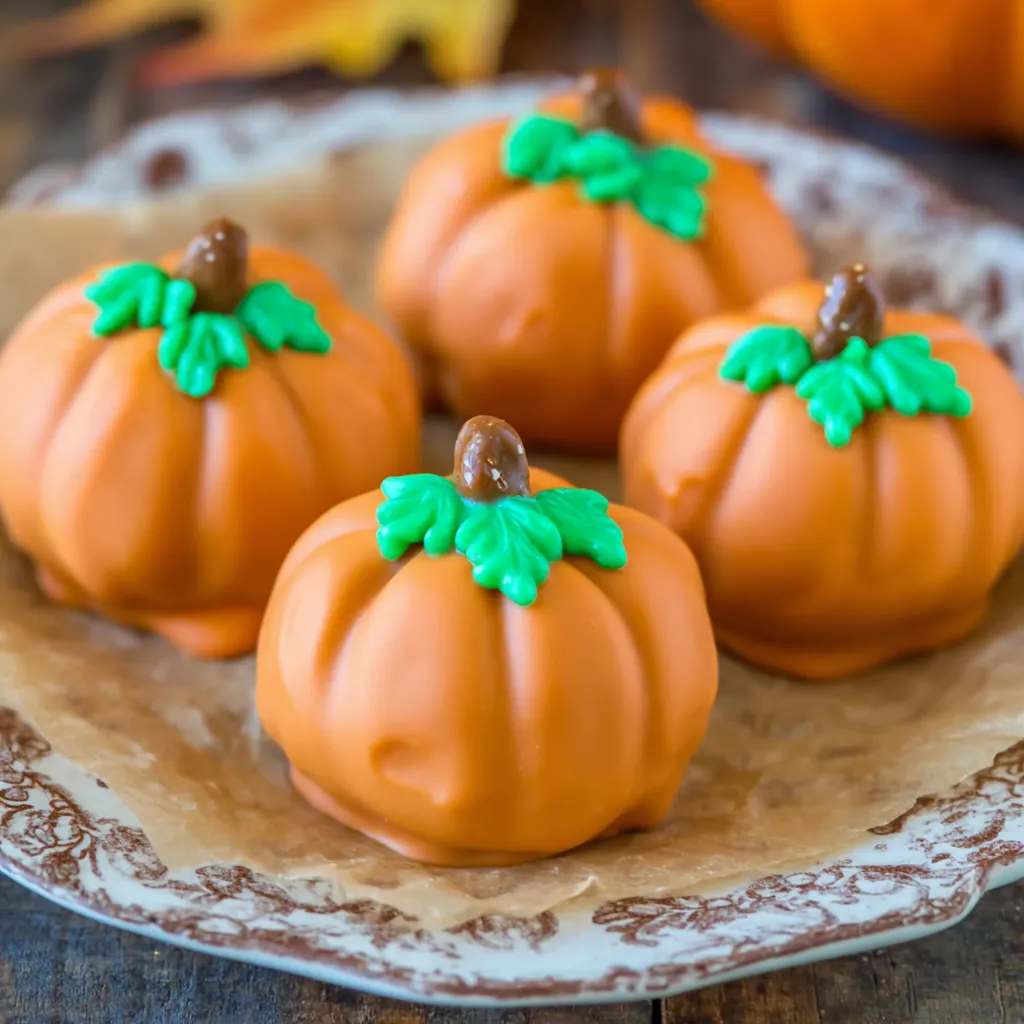 Tray of pumpkin-shaped Oreo balls with orange coating and pretzel stems.