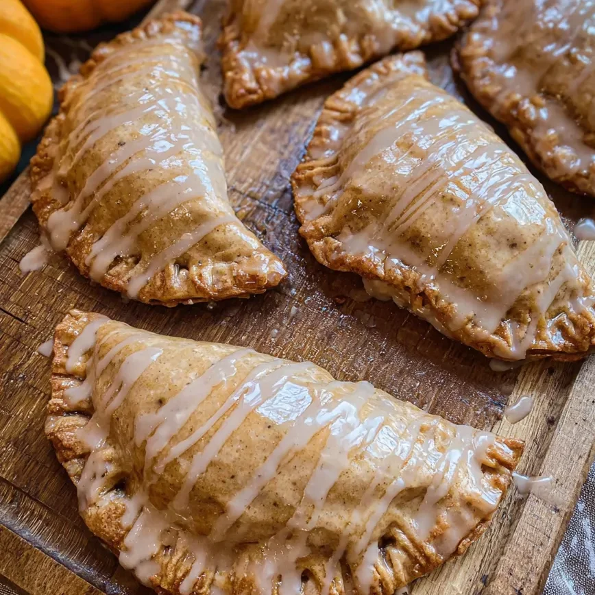 Close-up of pumpkin pasty with golden crust and warm pumpkin filling inside.
