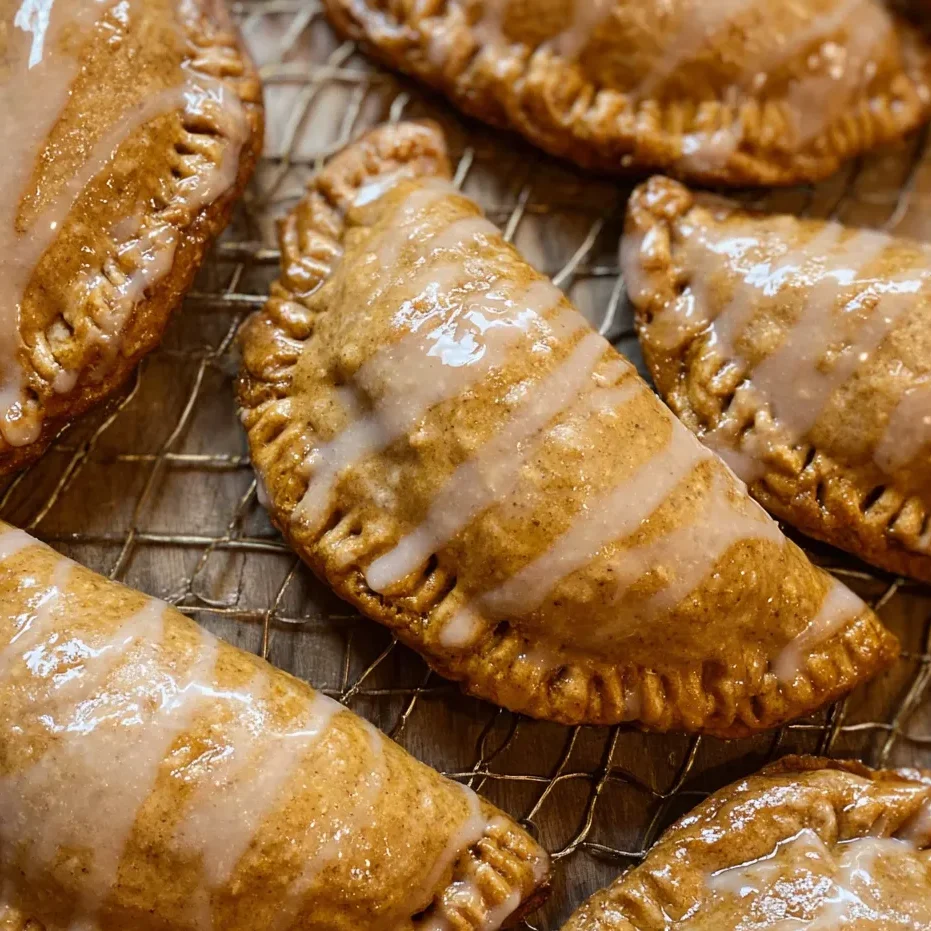 Plate of glazed pumpkin pasties with cinnamon sticks and pumpkins in the background.
