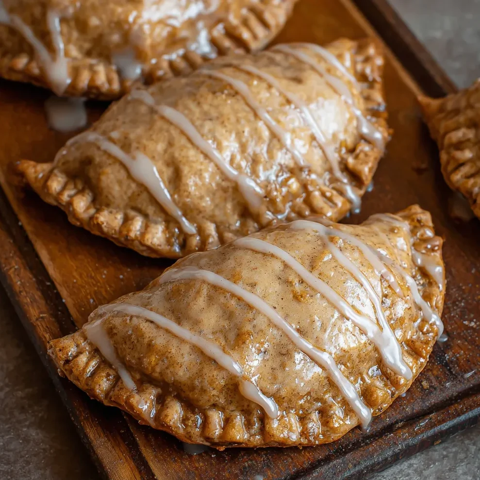 Hand holding a pumpkin pasty with glaze dripping slightly.